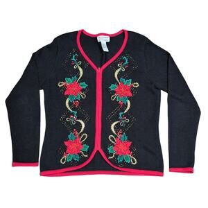 Vintage Ugly Christmas Sweater Women Large Bead Sequin Holiday Cardigan Festive‎